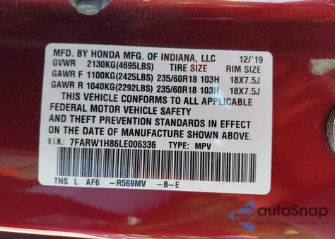 2020 Honda Cr-V 2Wd Ex-L z USA, uszkodzony, nr VIN 7FARW1H86LE006336